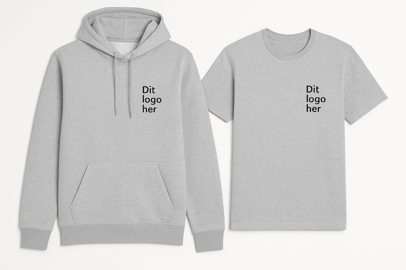 En hættetrøje ved siden af en t shirt med teksten "Dit logo her" på venstre bryst på trøjerne